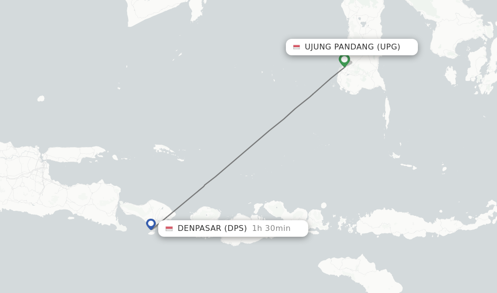 Flights from Ujung Pandang to Denpasar route map