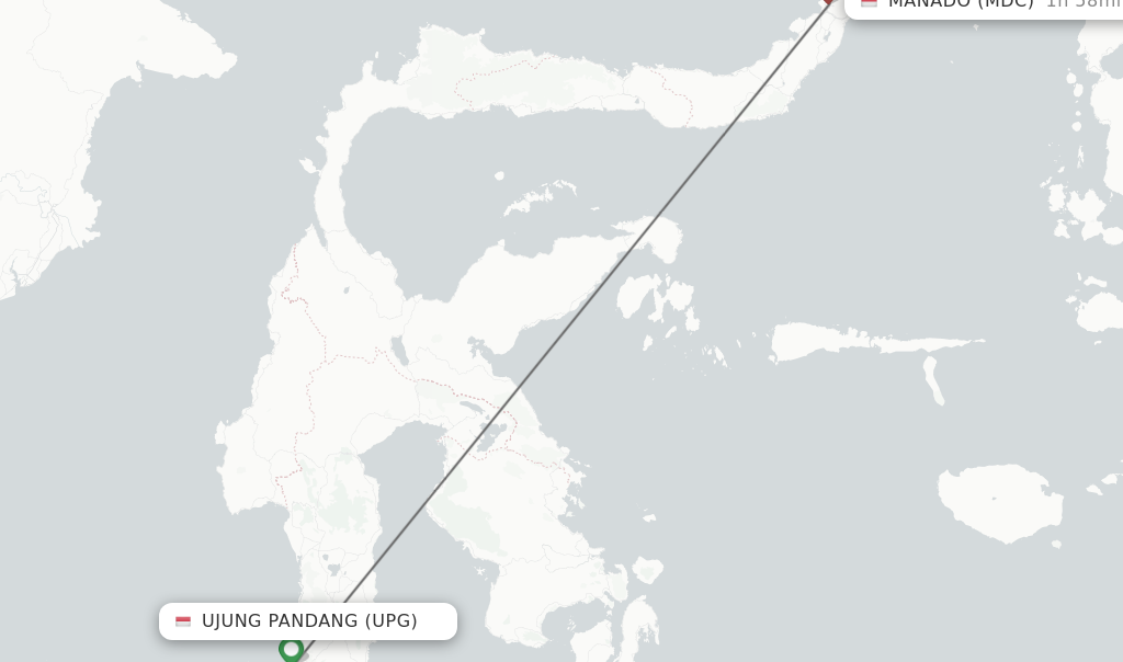 Flights from Ujung Pandang to Manado route map
