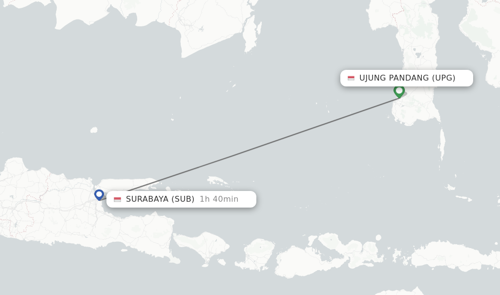 Flights from Ujung Pandang to Surabaya route map