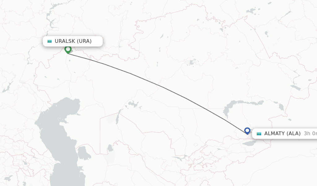 Flights from Uralsk to Almaty route map