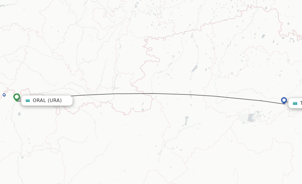 Flights from Uralsk to Astana route map