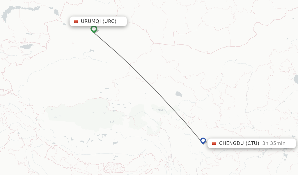 Flights from Urumqi to Chengdu route map