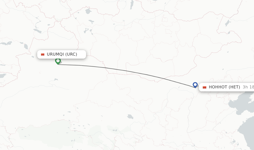 Flights from Urumqi to Hohhot route map