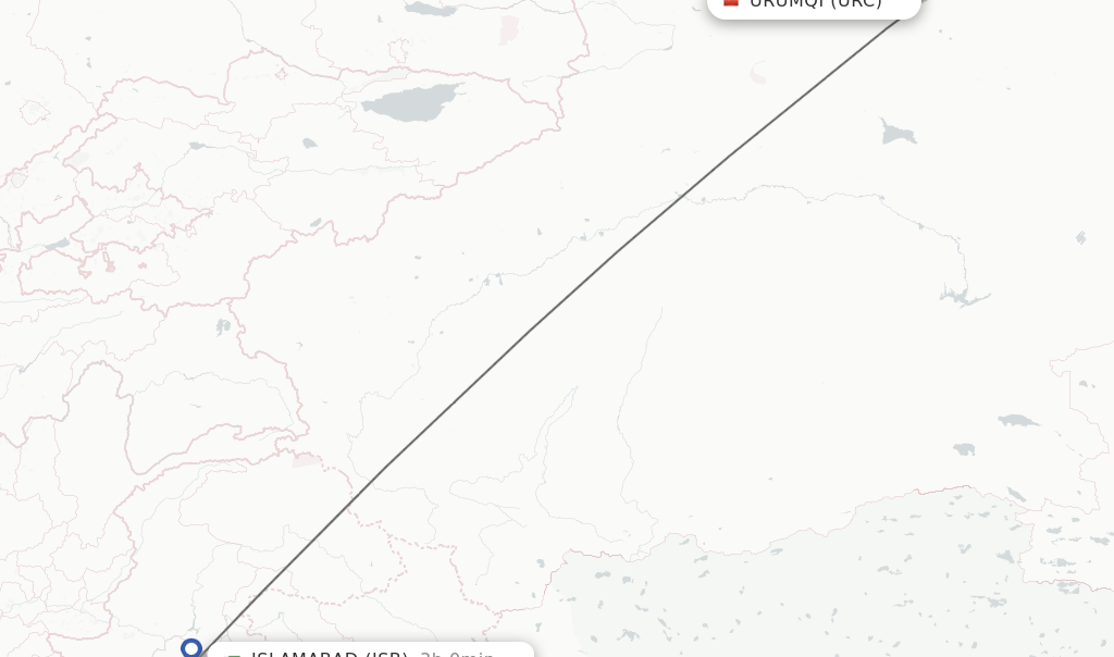 Flights from Urumqi to Islamabad route map