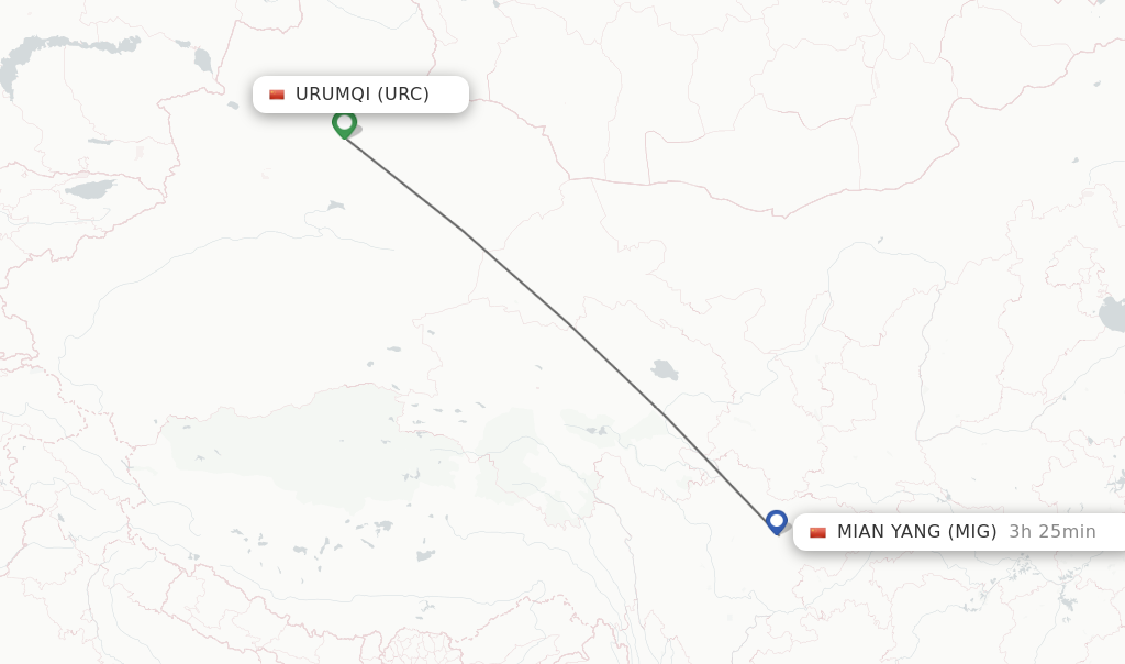 Flights from Urumqi to Mian Yang route map