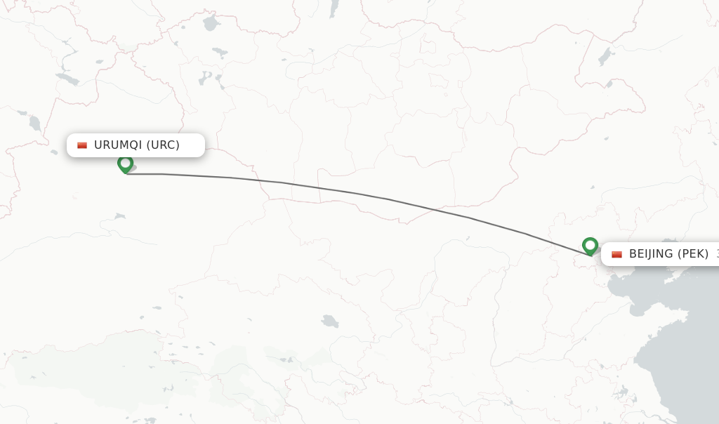 Flights from Urumqi to Beijing route map