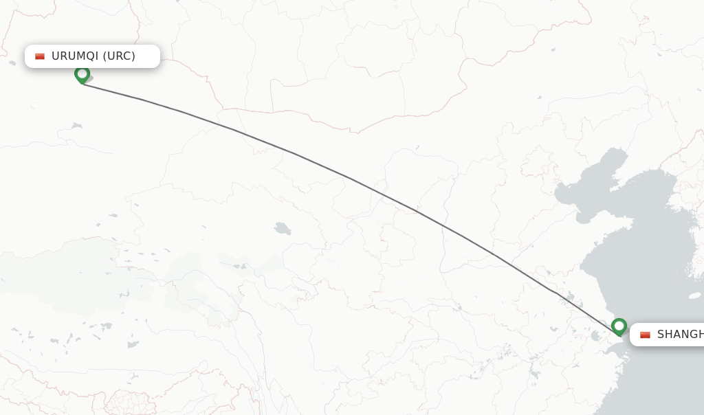 Flights from Urumqi to Shanghai route map