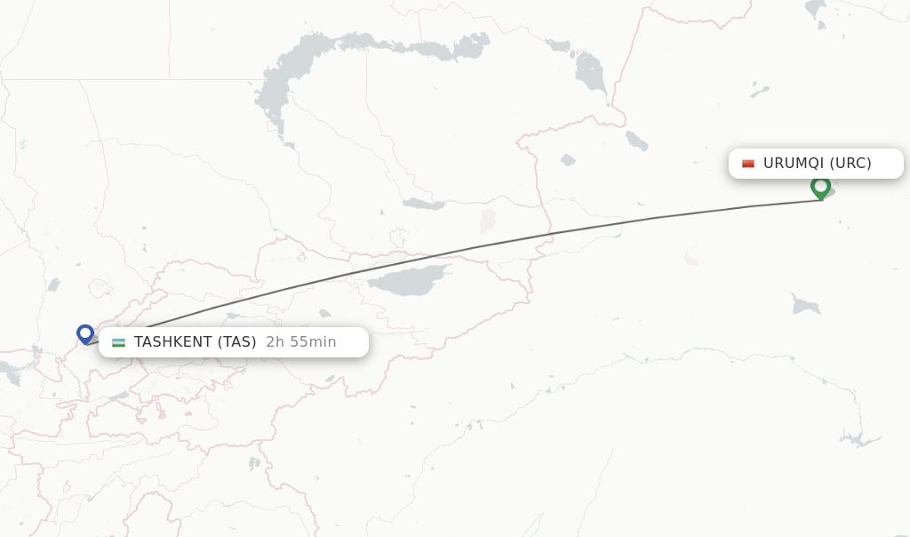 Flights from Urumqi to Tashkent route map