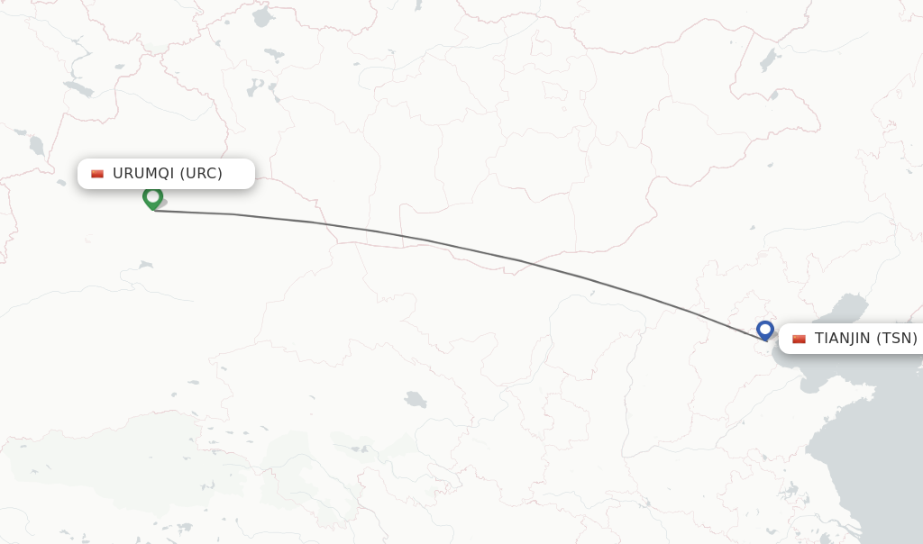 Flights from Urumqi to Tianjin route map