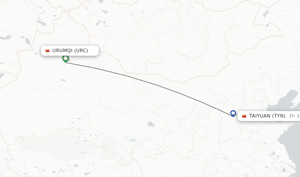 Flights from Urumqi to Taiyuan route map