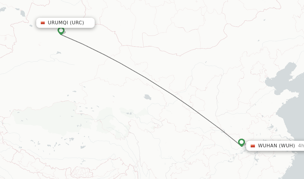Flights from Urumqi to Wuhan route map
