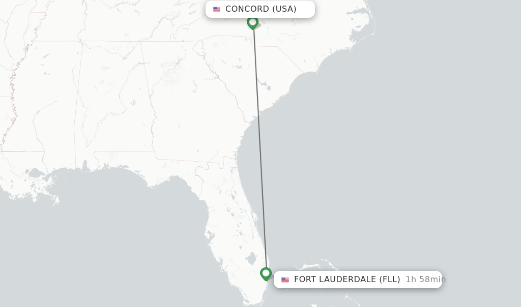 Flights from Concord to Fort Lauderdale route map