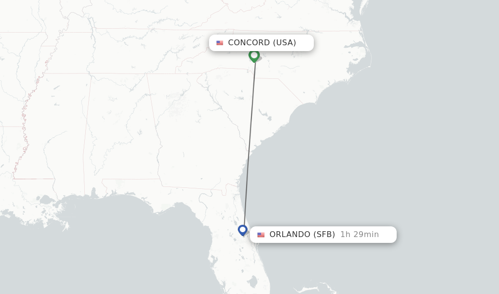 Flights from Concord to Orlando route map