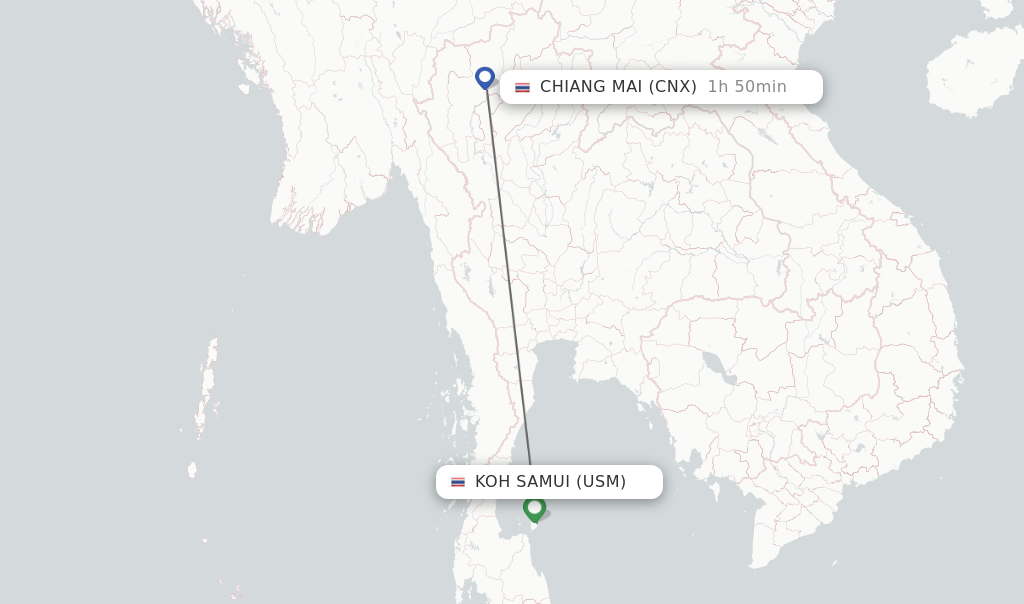 Flights from Koh Samui to Chiang Mai route map