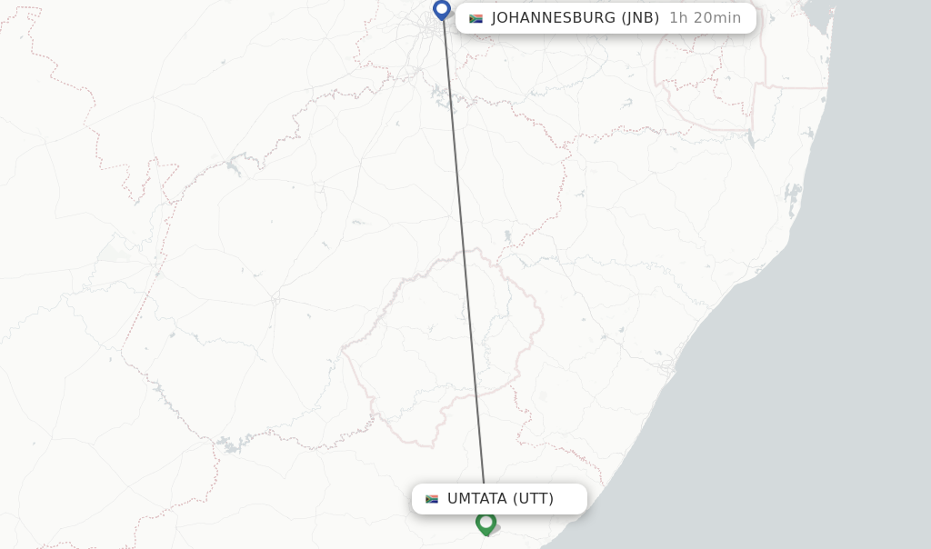 Flights from Umtata to Johannesburg route map