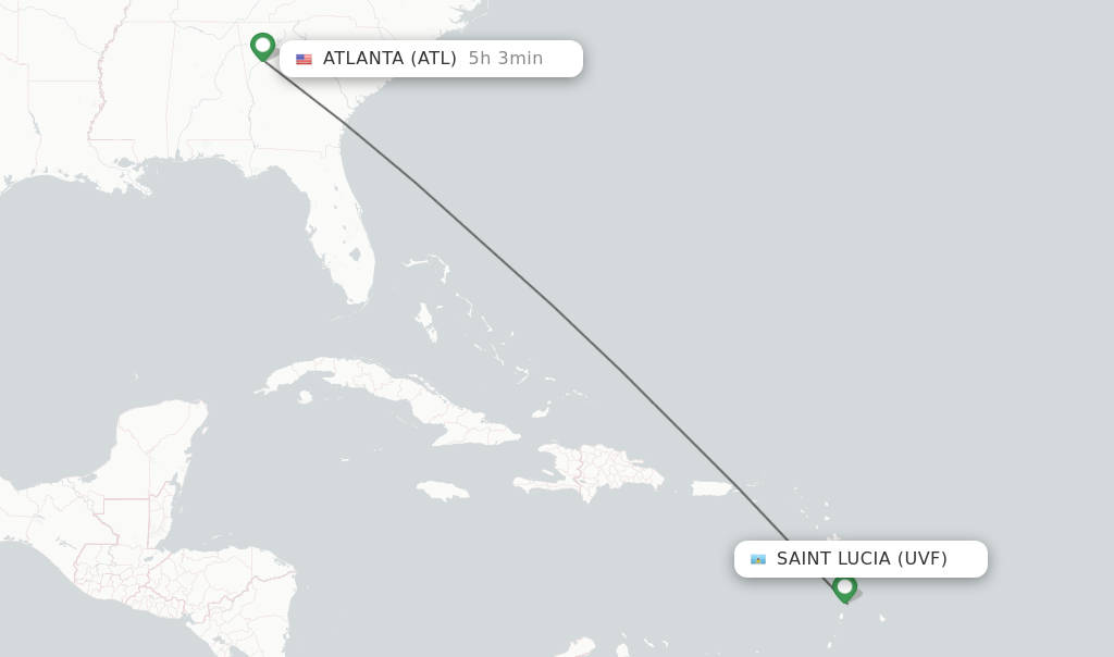 Flights from Saint Lucia to Atlanta route map