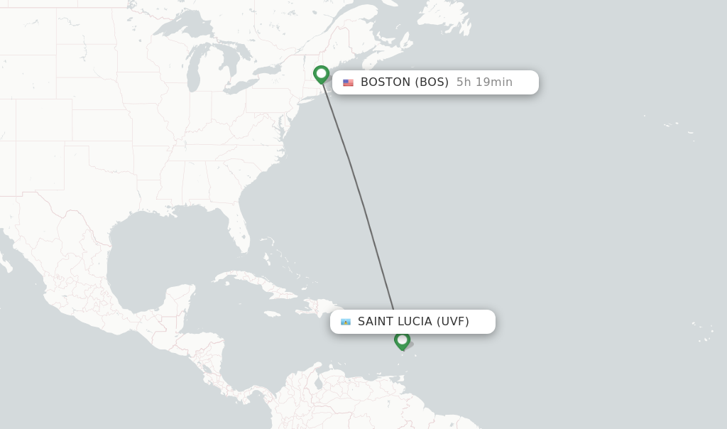 Flights from Saint Lucia to Boston route map