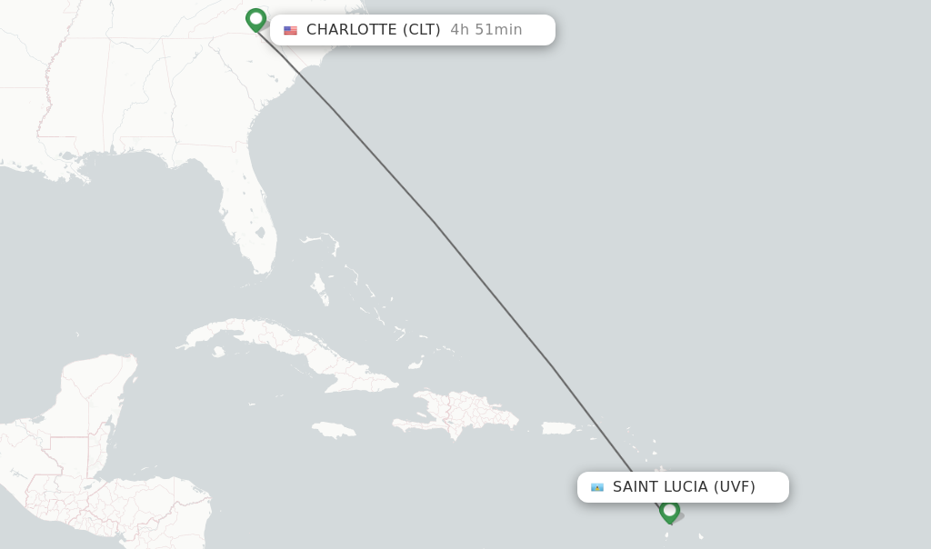 Flights from Saint Lucia to Charlotte route map