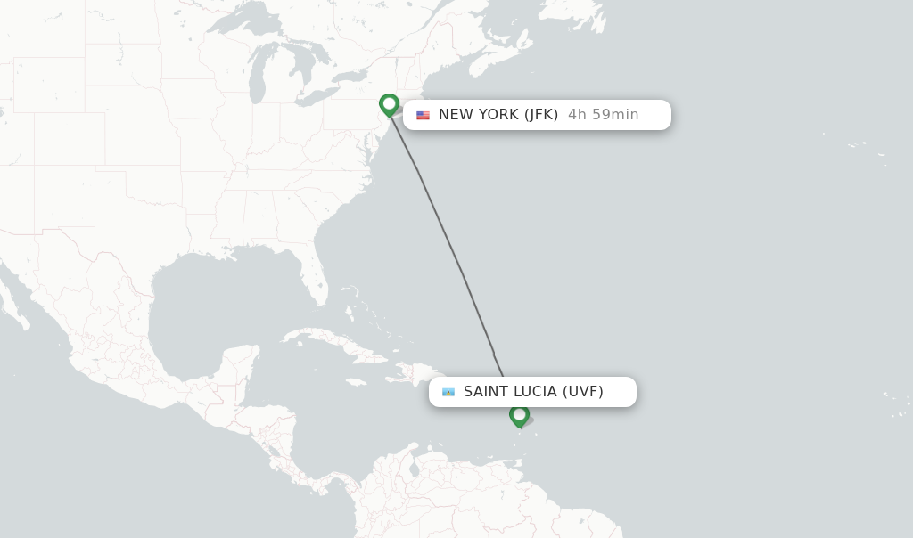 Flights from Saint Lucia to New York route map
