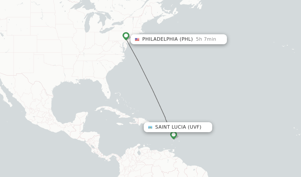 Flights from Saint Lucia to Philadelphia route map