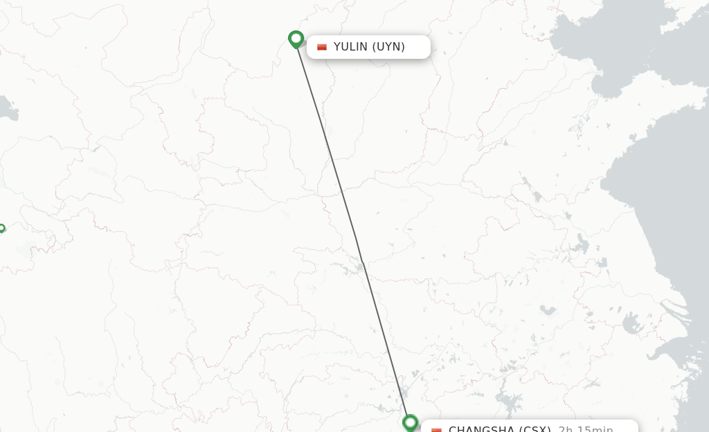 Flights from Yulin to Changsha route map