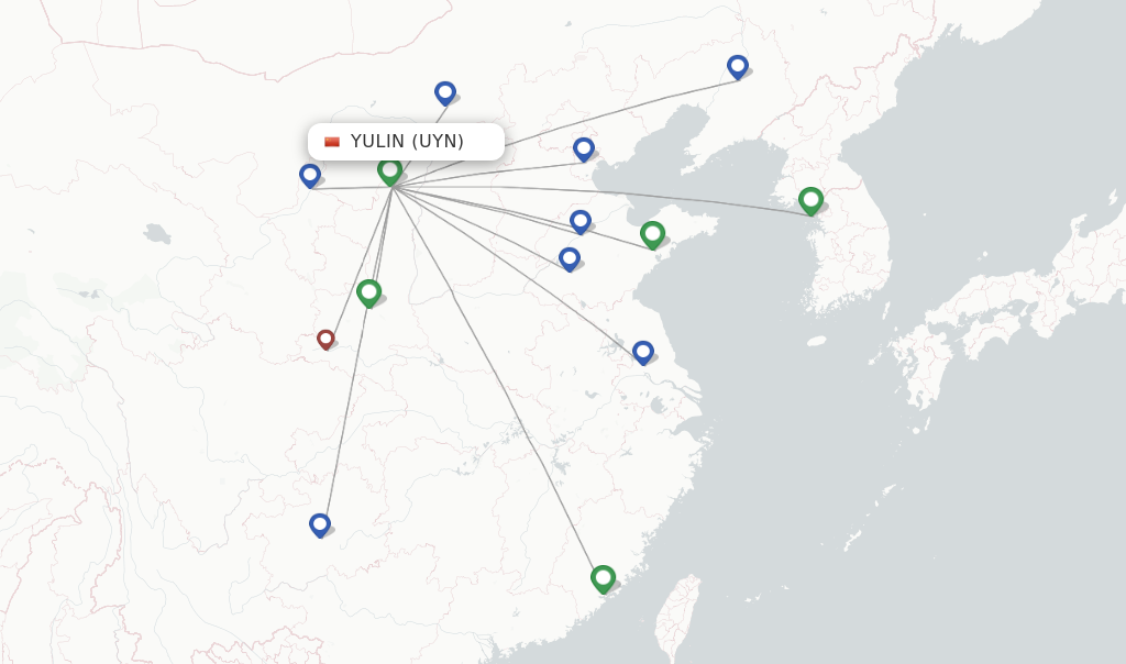 Route map with flights from Yulin with Tianjin Airlines