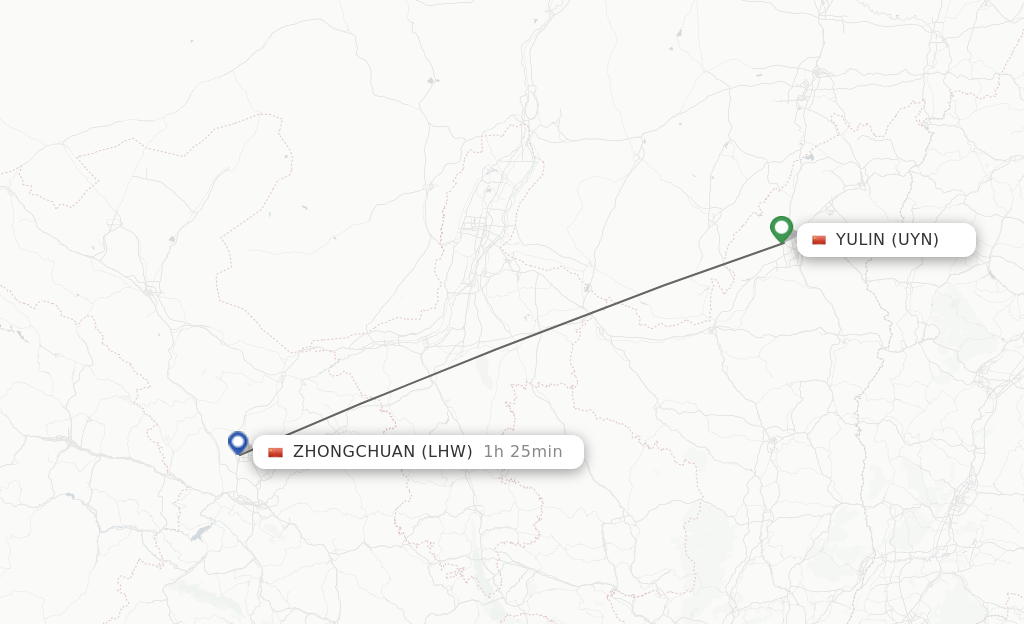 Flights from Yulin to Lanzhou route map