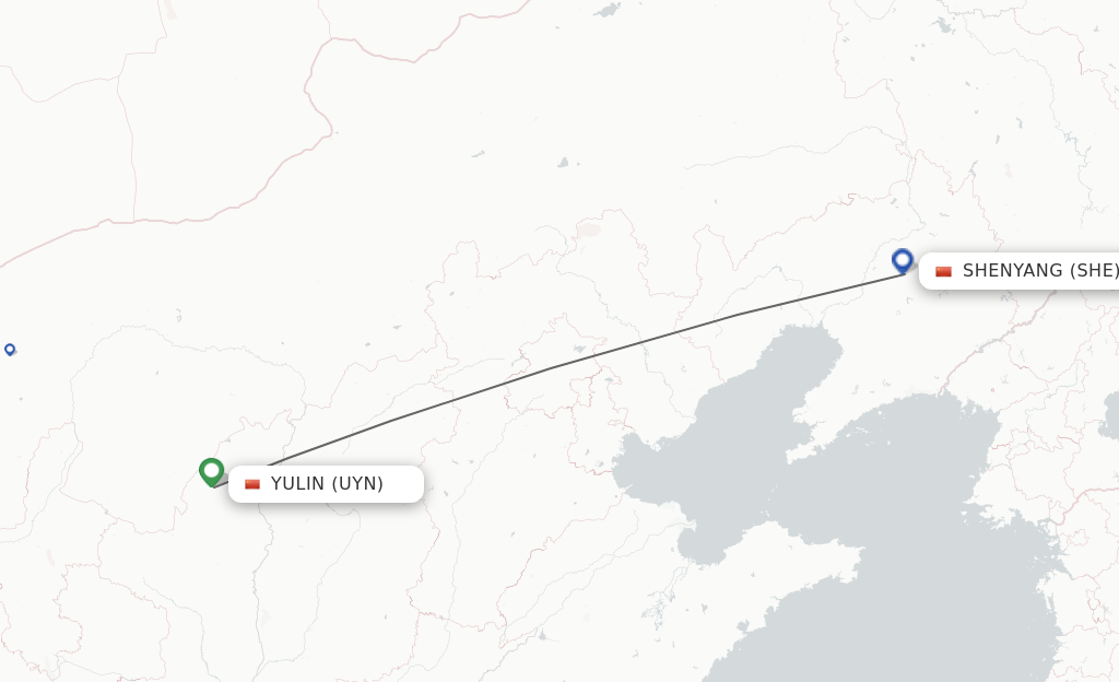 Flights from Yulin to Shenyang route map