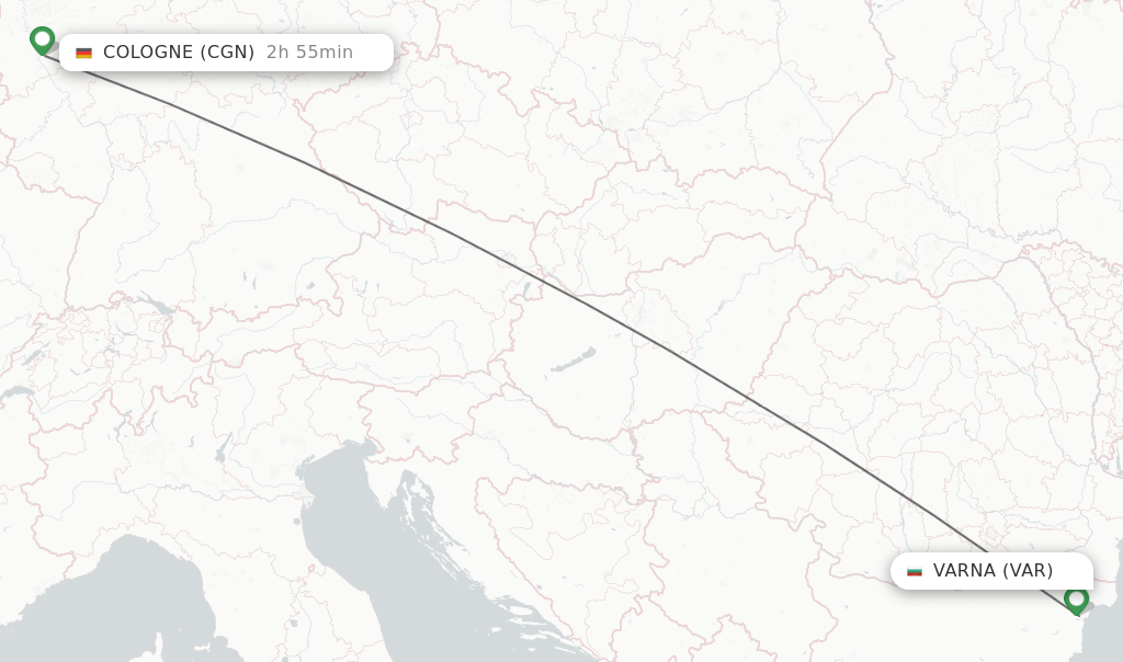 Flights from Varna to Cologne route map