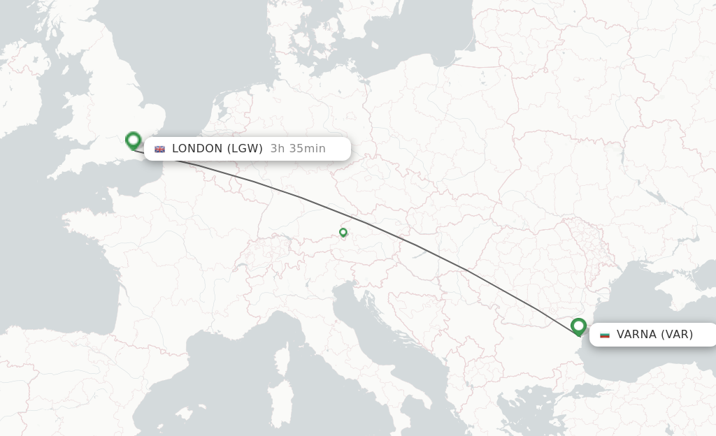 Flights from Varna to London route map