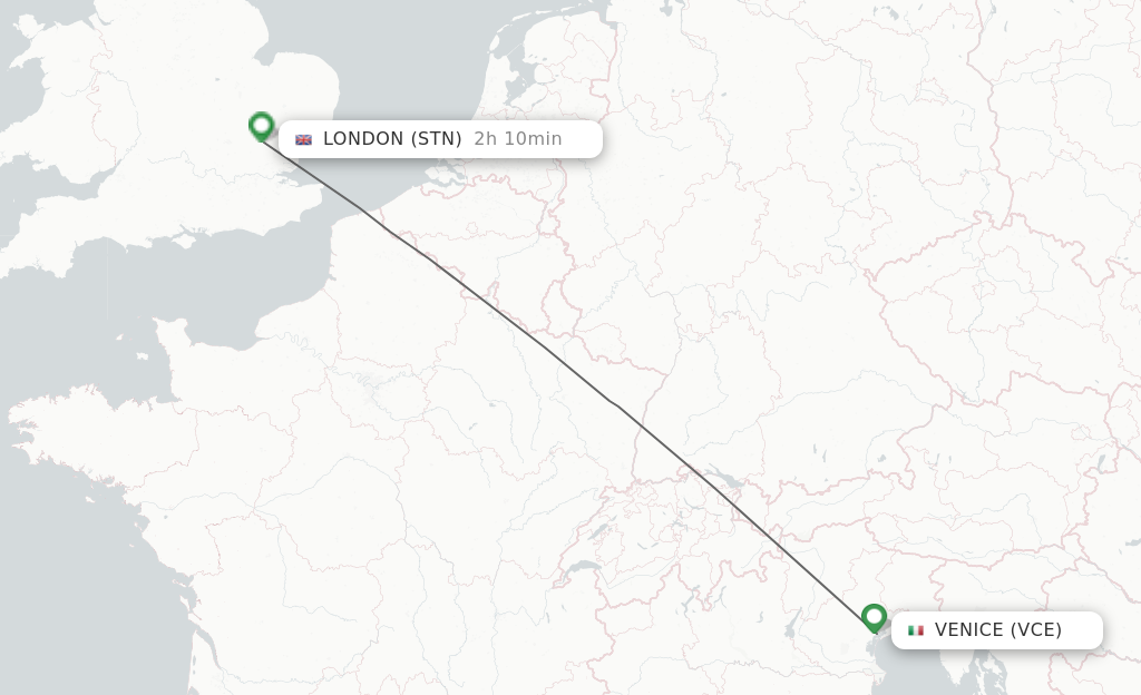 Flights from Venice to London route map
