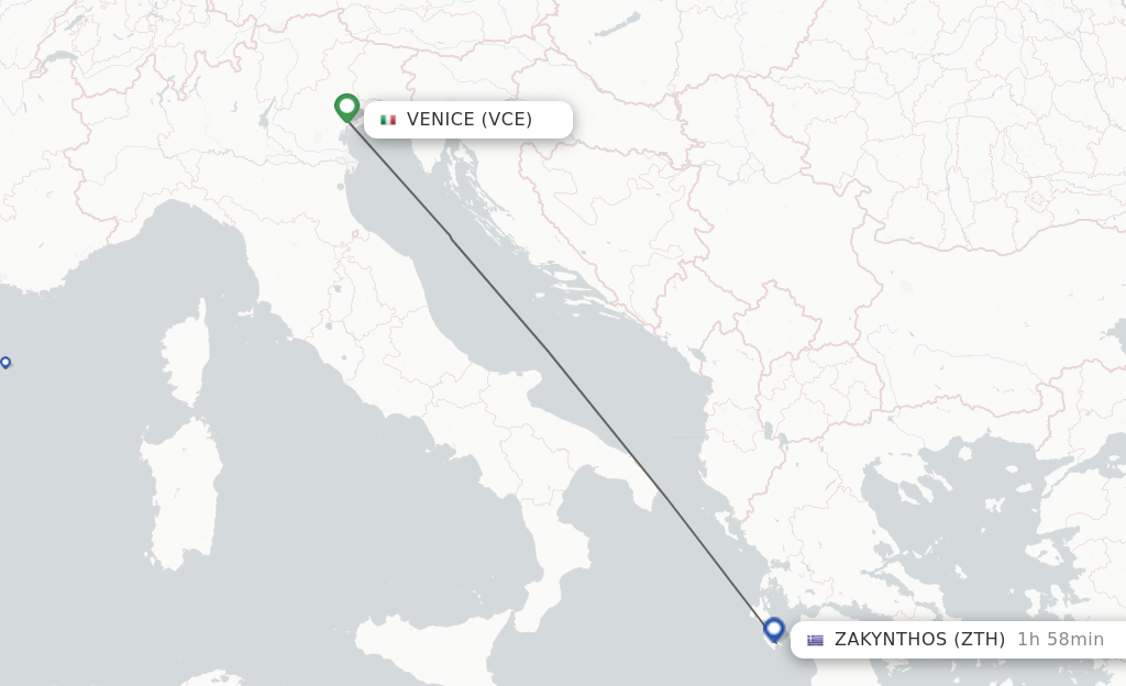 Flights from Venice to Zakinthos route map