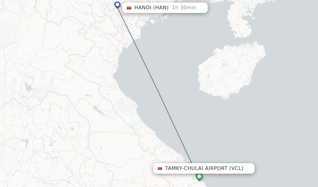 Flights from Tamky-Chulai Airport to Hanoi route map