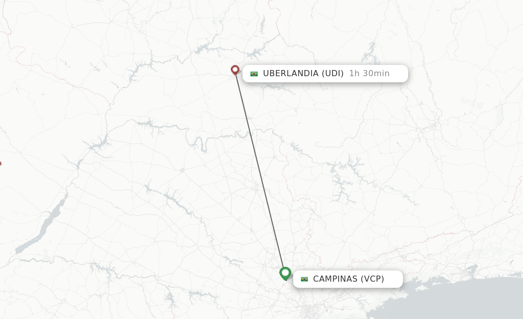 Flights from Campinas to Uberlandia route map