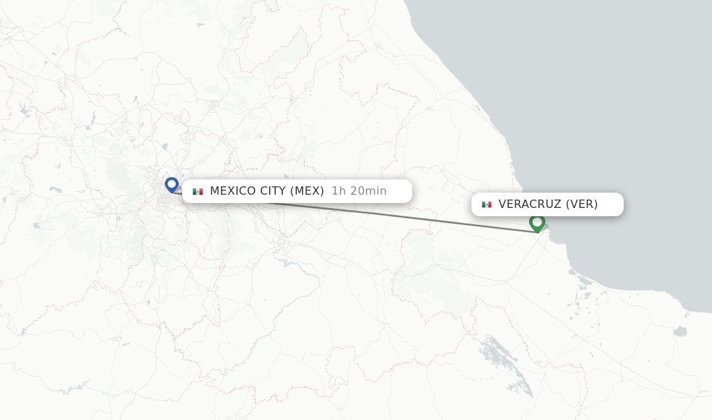 Flights from Veracruz to Mexico City route map