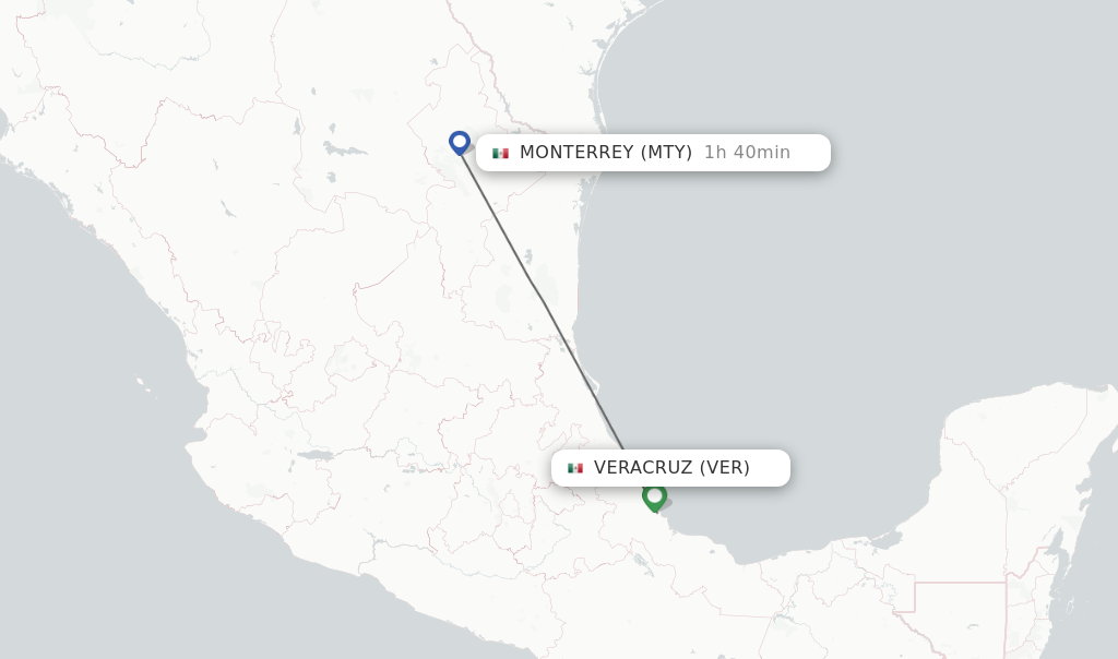Flights from Veracruz to Monterrey route map
