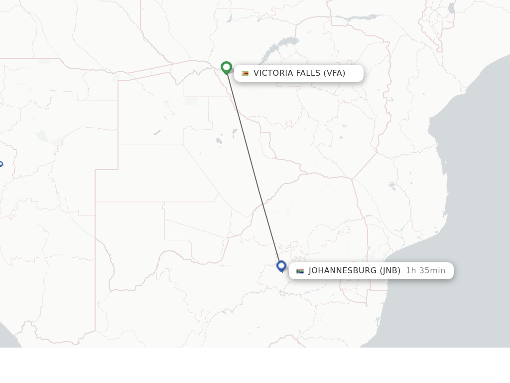 Flights from Victoria Falls to Johannesburg route map
