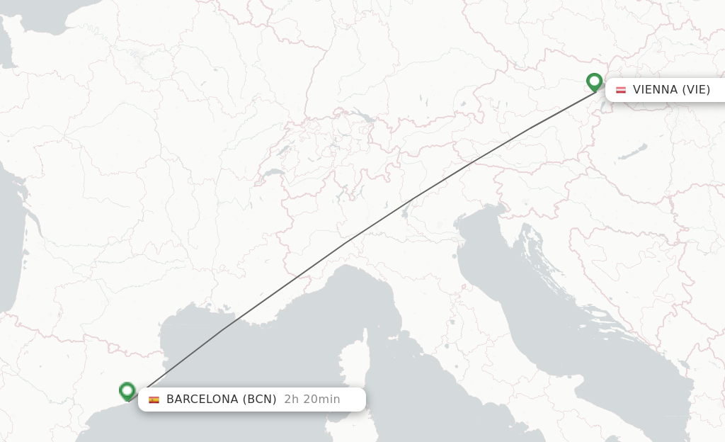 Flights from Vienna to Barcelona route map