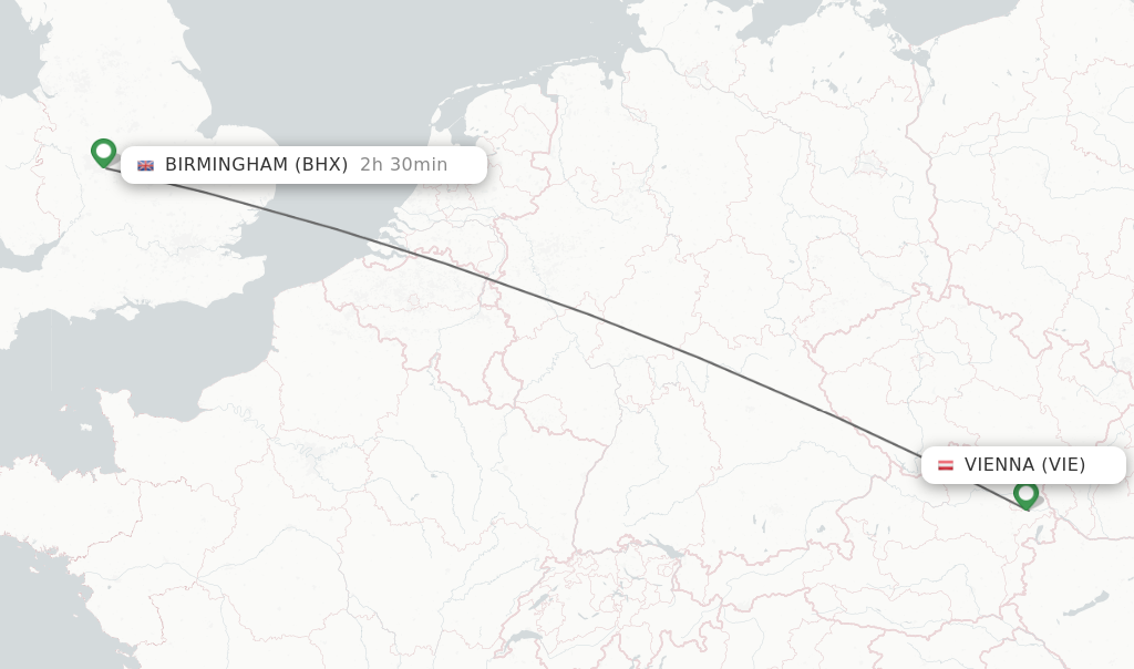 Flights from Vienna to Birmingham route map