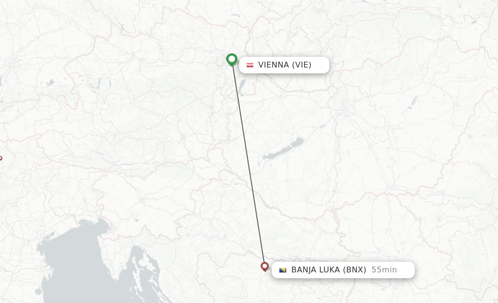 Flights from Vienna to Banja Luka route map
