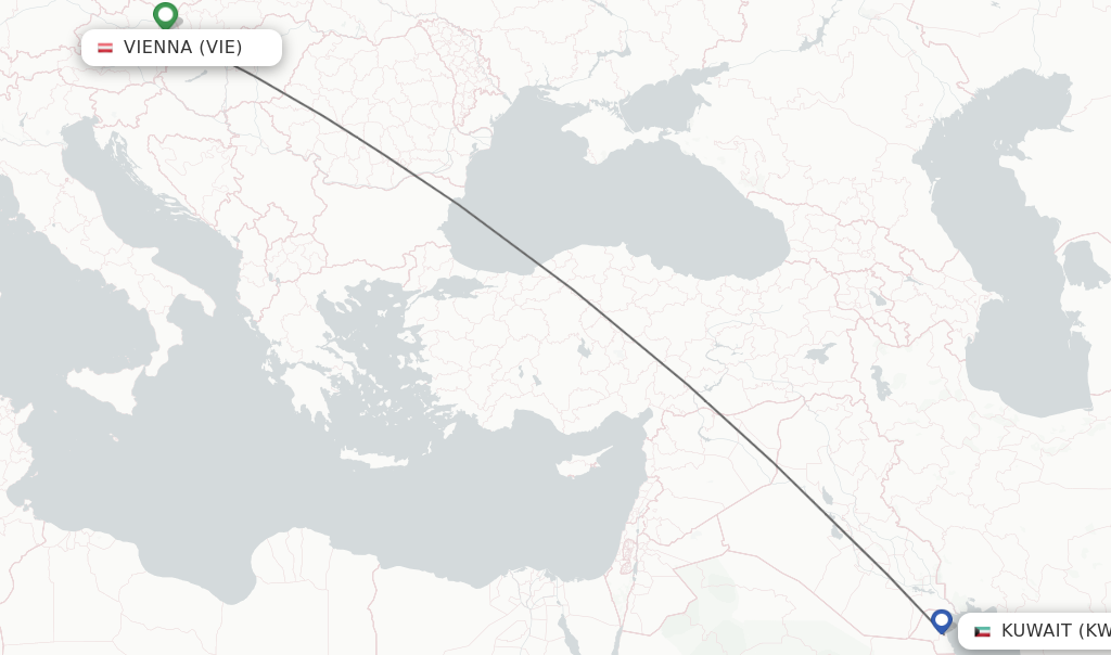 Flights from Kuwait to Vienna route map