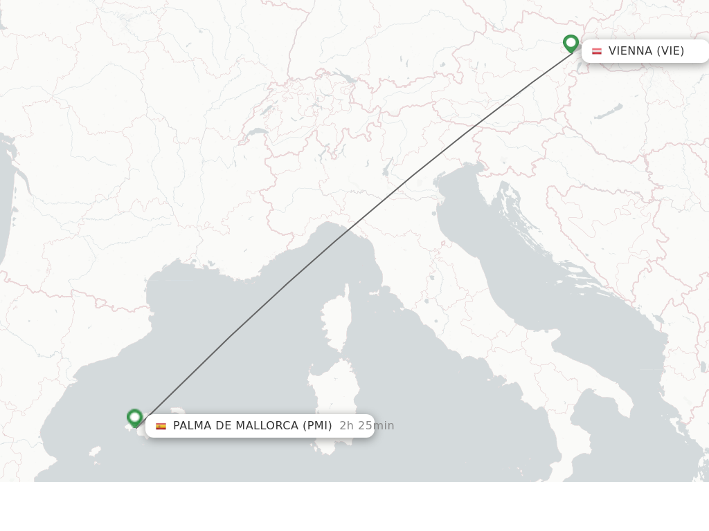 Flights from Vienna to Palma de Mallorca route map