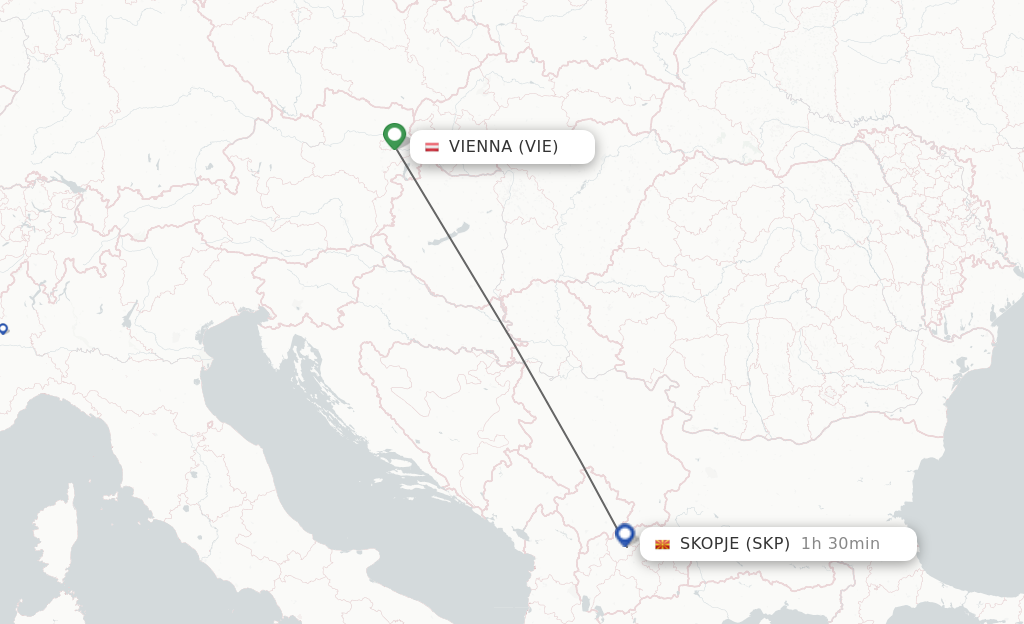 Flights from Vienna to Skopje route map