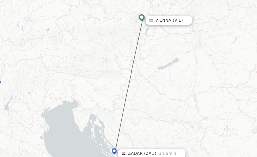 Flights from Vienna to Zadar route map