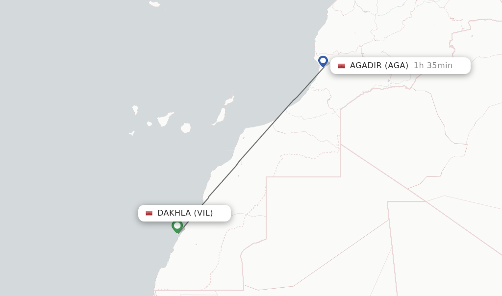 Flights from Dakhla to Agadir route map