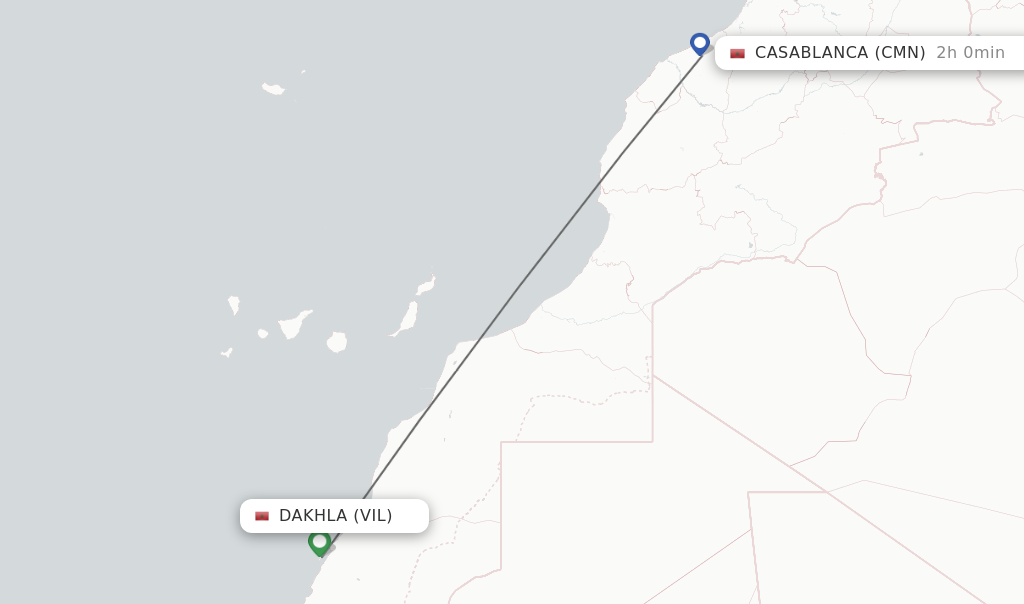 Flights from Dakhla to Casablanca route map