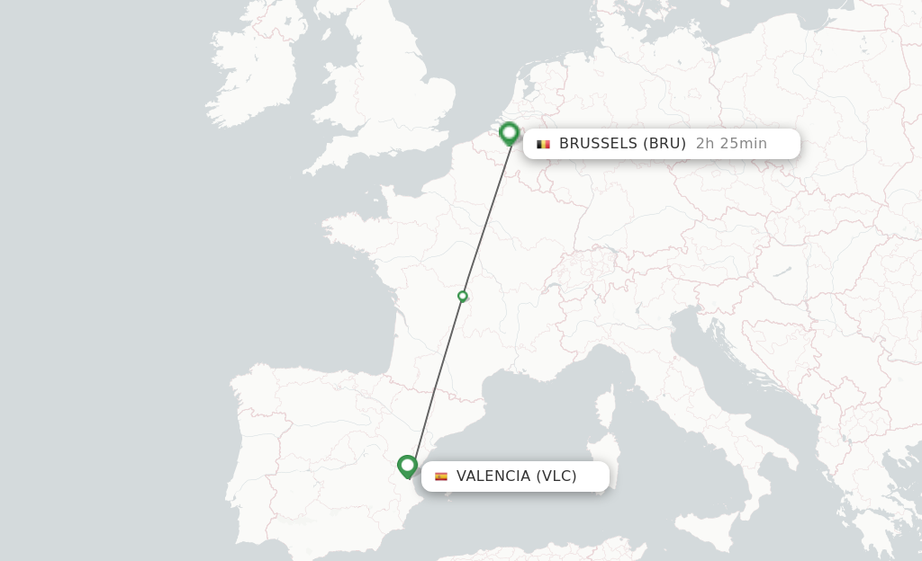 Flights from Valencia to Brussels route map