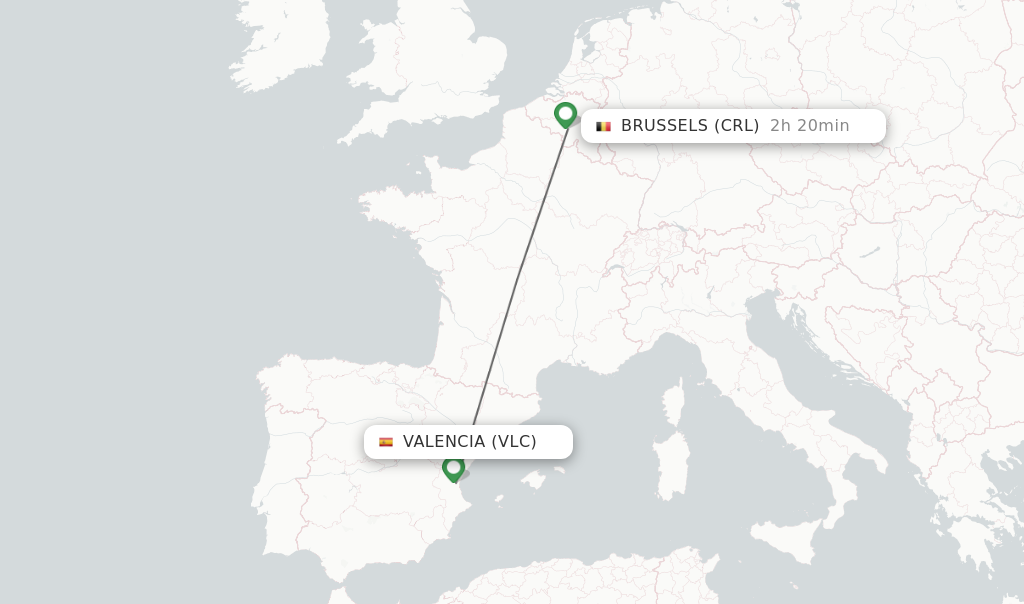 Flights from Valencia to Brussels route map
