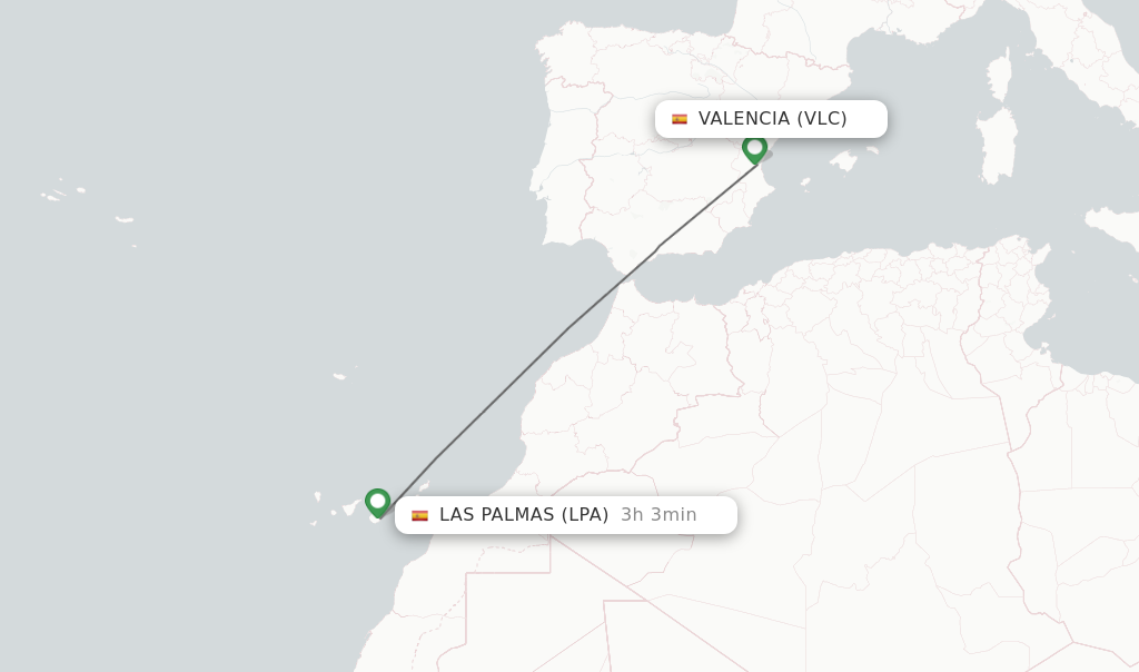 Flights from Valencia to Las Palmas route map