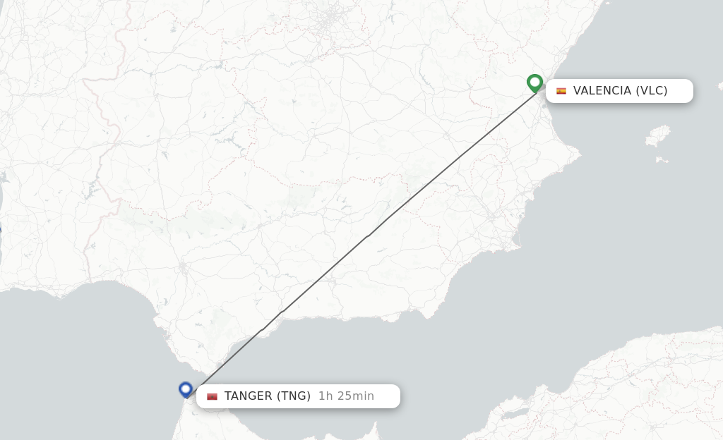 Flights from Valencia to Tangier route map
